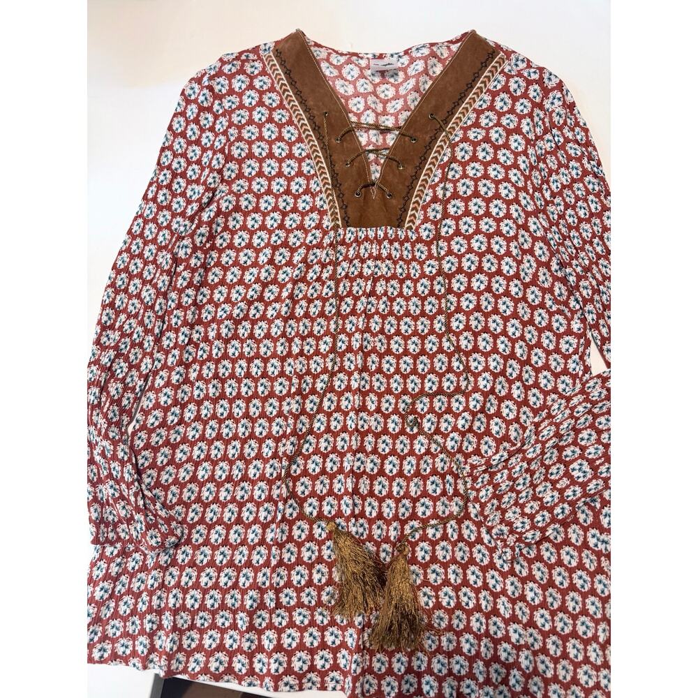 Wrangler Womens M Floral Western Boho Tunic Faux Suede Lace Up Tassel Top